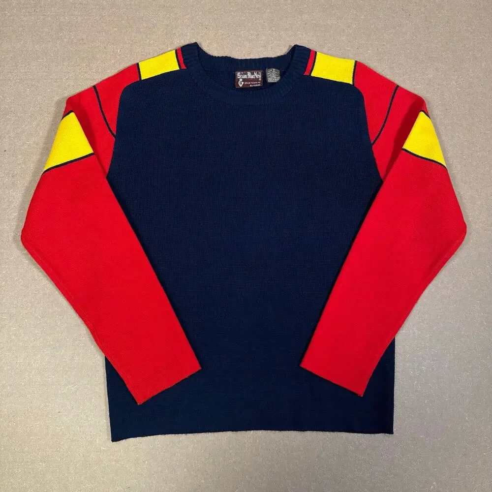 Vintage 80s Color Block Acrylic Sweater Navy Red Yellow Size S Made in Taiwan